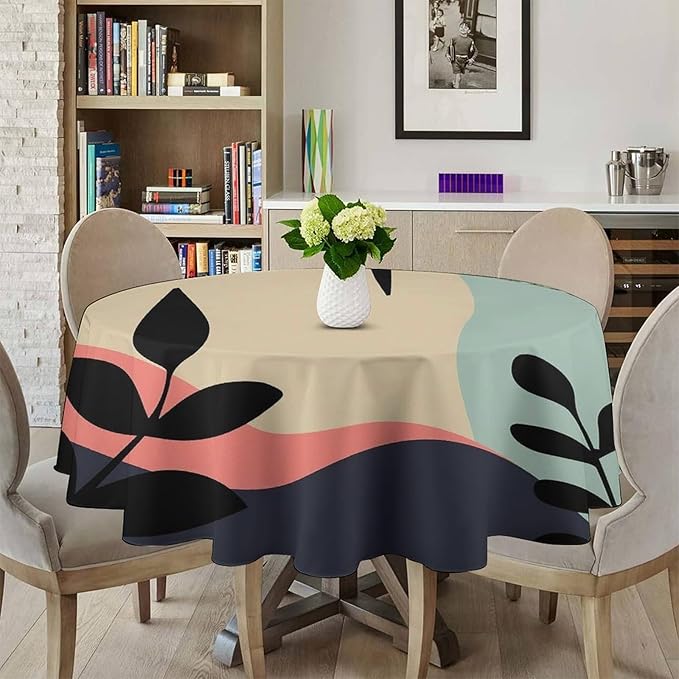 Medieval Bohemian Abstract Round Tablecloth, Mid Century Modern Leaves Geometric Tablecloth for Home Party Dining Room Kitchen Decor 60Inch(152cm)