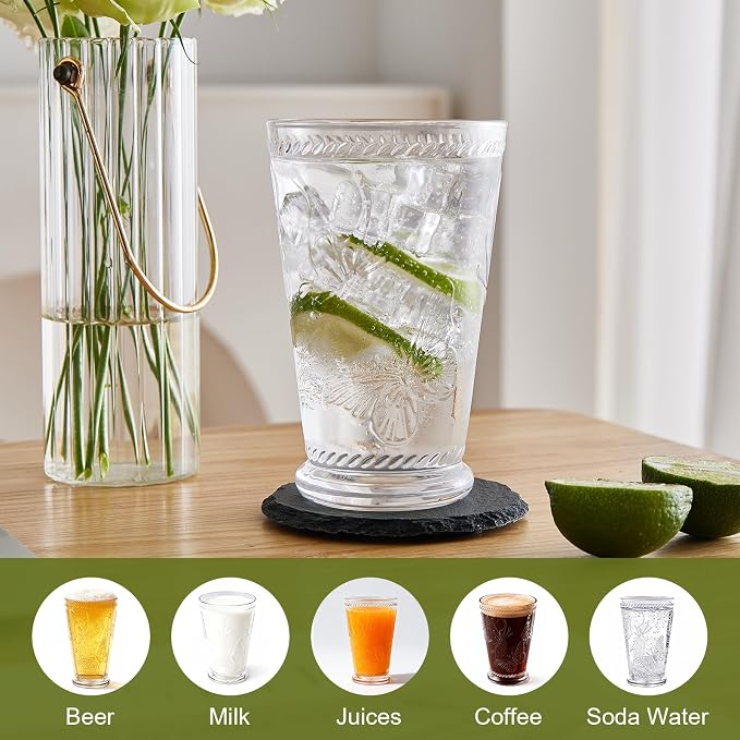 4 Pack Embossed Vintage Mixed Drinking Glasses, 12 Oz & 9 Oz Glasses | Embossed - Image 5