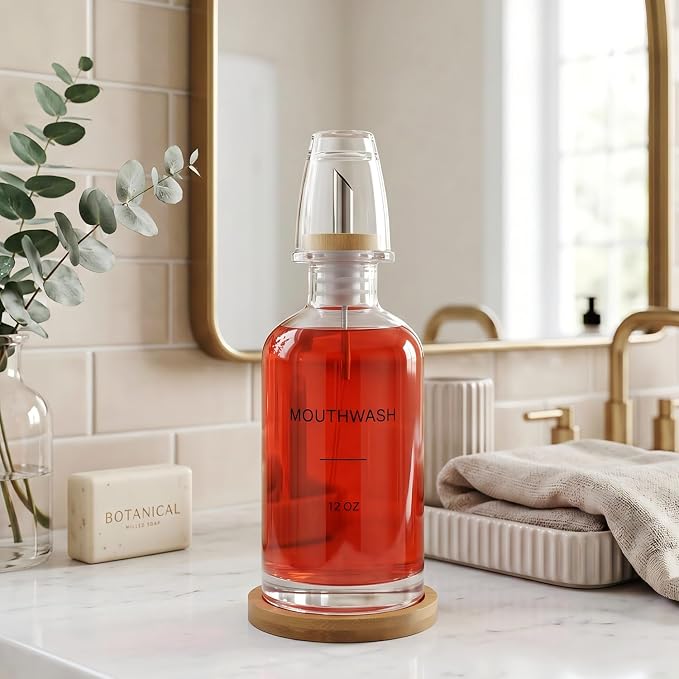Glass Mouthwash Dispenser for Bathroom, Stainless Steel & Bamboo Nozzle - Image 2