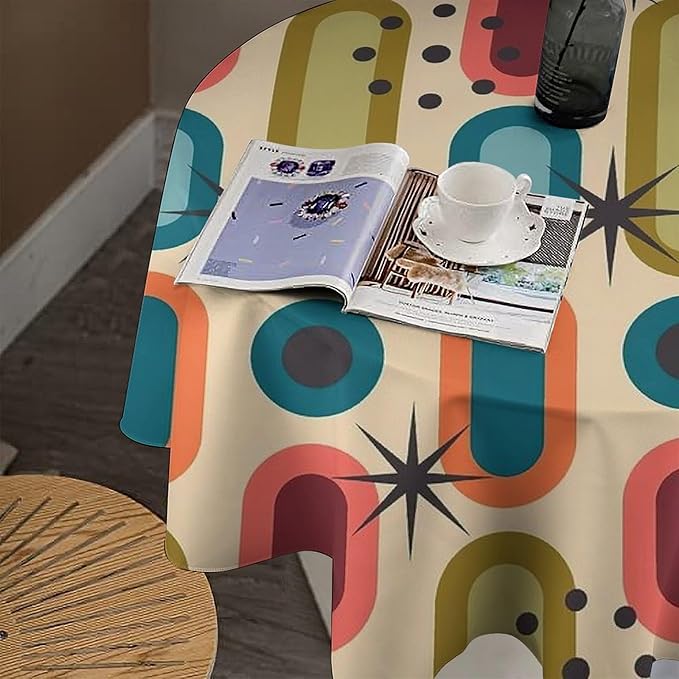 Mid Century Bohemian Round Tablecloth, Modern Medieval Geometric Abstract Print Tablecloth for Home Party Dining Room Kitchen Decor 50Inch(127cm)