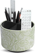 Hennaja Round Leather Art Supply Organizer,Remote Control Holder,360 Degree Spinning,Multi-Functional Pencil Holder,4 Compartments Desktop Stationary Organizer(1-Carved Green)