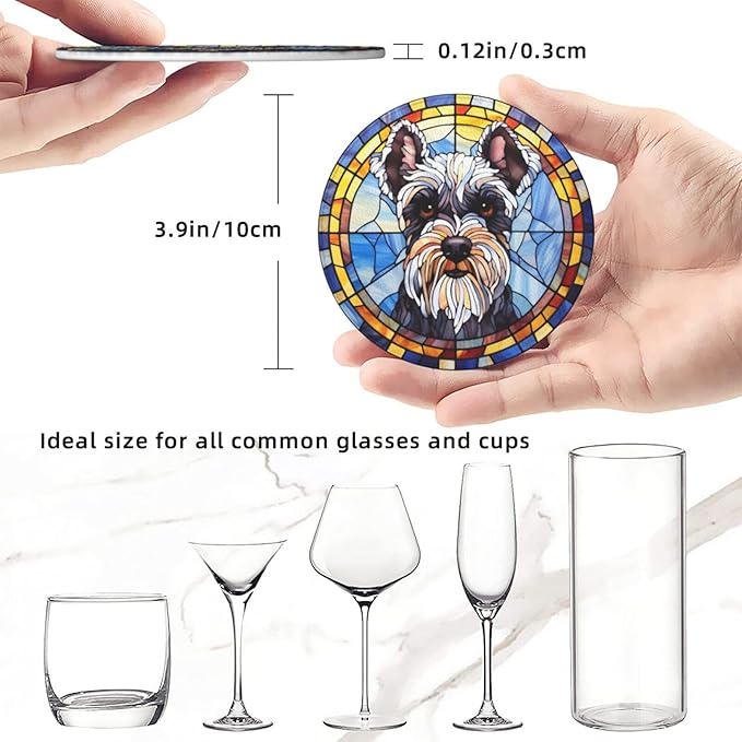 Drink Coaster Set of 6, Schnauzer Dog Mom Lover Gift,Leather Drink Coasters with Holder,6 Pack Cup/Bar/Drink Coasters for Table/Drinks/Coffee Protection Housewarming Gift