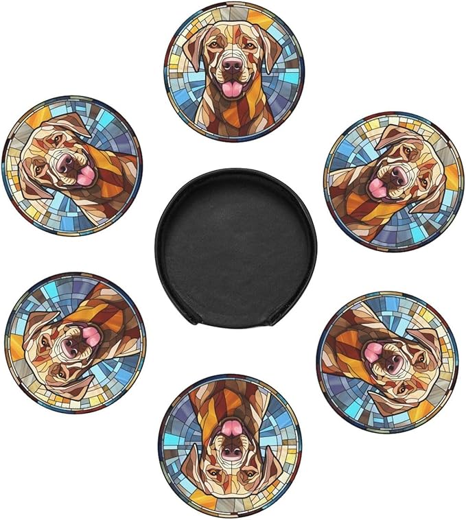 Drink Coaster Set of 6, Labrador Retriever Dog Mom Lover Gift,Leather Drink Coasters with Holder,6 Pack Cup/Bar/Drink Coasters for Table/Drinks/Coffee Protection Housewarming Gift