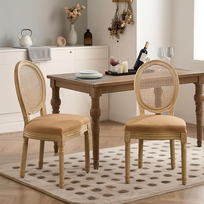 SoarFlash French Dining Chairs Set of 2, Vantage Dining Chair with Round Back, Wood Leg Farmhouse Country Rattan Dining Chair for Kitchen,Bedroom,Brown