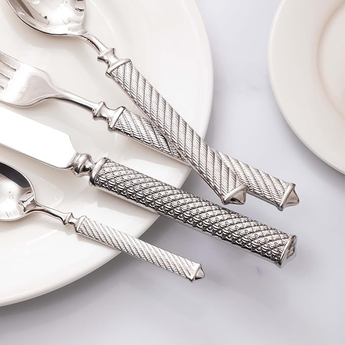 16-Piece Premium Silverware Set, Roman Rope-Pattern Flatware Crafted in 18/10 Stainless Steel, Elegant Silver Cutlery Set Service for 4, Heavy Duty Tableware with Mirror Polish, Dishwasher Safe