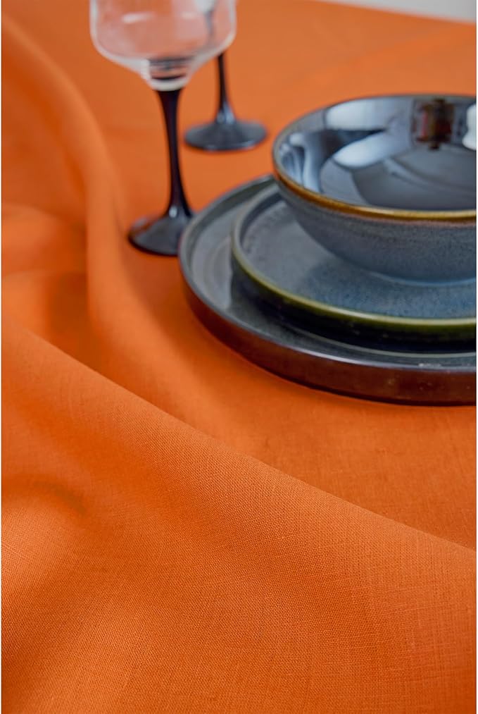 Solino Home Linen Tablecloth for Rectangle Tables 60 x 90 Inch - 100% Pure Linen Persimmon Orange Table Cloth - Fete, Machine Washable Cloth Tablecloth for Spring, Easter