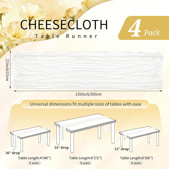 4 Pack Cheesecloth Table Runner 10FT Ivory White Table Runner Boho Gauze Cheese - Image 2