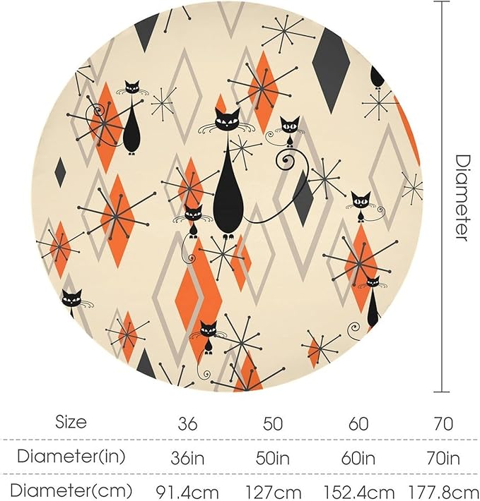 Retro Boho Modern Black Cat Round Tablecloth, Mid Century Boho Moon Abstract Geometric Leaf 50s 60s Style Tablecloth for Home Party Dining Room Kitchen Decor 50Inch(127cm)