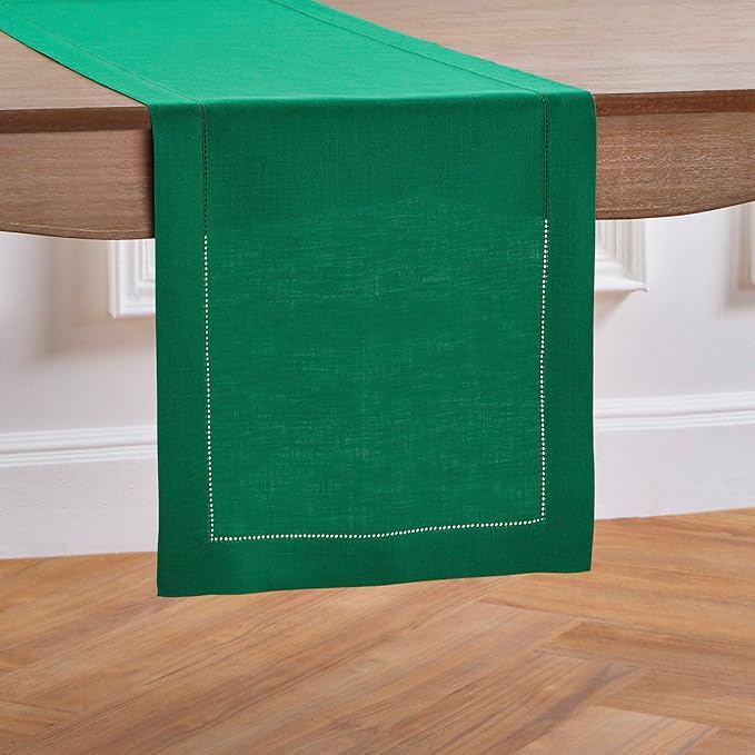 Solino Home Linen Emerald Green Hemstitch Table Runner 60 Inches - 100% Pure Linen Small Table Runner 14 x 60 Inch Ideal for Dresser and Coffee Tables - Classic Hemstitch - St Patricks Day