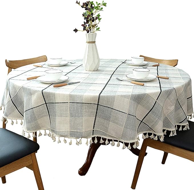 Dimatic Heavy Weight Cotton Linen Tablecloth, Plaid Tassel Round Table Cover for Kitchen Dining Room Tabletop Decorations, Round - 63", Grey Check