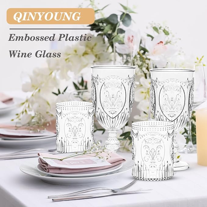 Qinyoung 48 Plastic Vintage Drinking Glasses 8.5oz Stemless Retro Embossed Wine - Image 7
