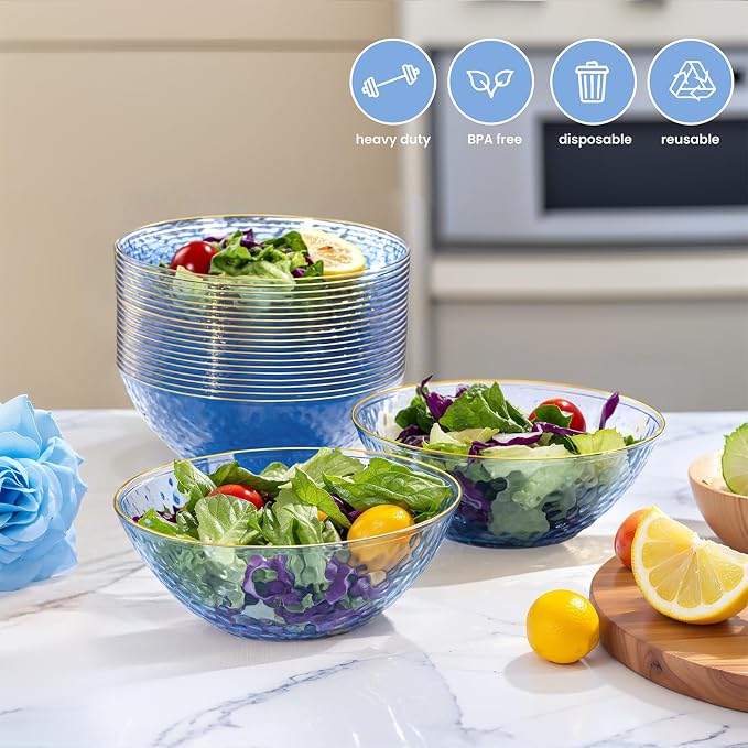 30 Pack 12 Ounce Blue Plastic Bowls Hammered Clear Bowl - Image 3