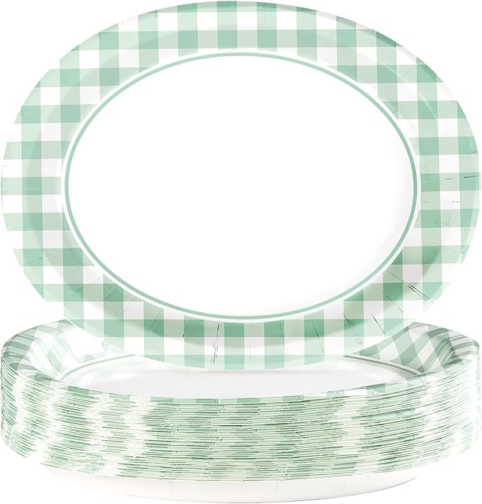 Grencian 50 Pcs Gingham Party Supplies 10"x12" Large Sage Green Gingham Oval Plates Disposable Heavy Duty Green and White Checkered Plaid Paper Plates for Baby Shower Picnic BBQ Birthday Wedding Bride