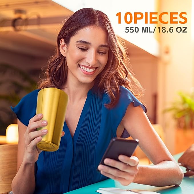 10 Pack 18.6 oz Stainless Steel Insulated Cup, Double Wall Vacuum Small Metal Cup, Reusable Camping Cups Unbreakable Indoor Outdoor for Party, Home, Office, BBQ, Gold