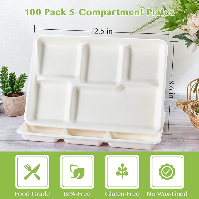 Compostable Disposable 5 Compartment Paper Plates, 12.5inch | 100 Pack - Image 2