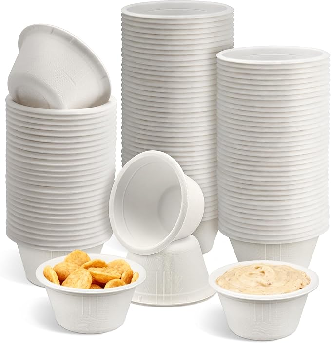 LeonBach 100 Pack Natural Bagasse Fiber Bowls 2oz Disposable Paper Cups Microwavable Safe Sample Snack Charcuterie Serving Cups Disposable Ramekins for Sauce Portion Condiment Ice Cream, White