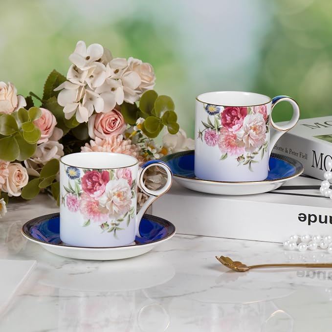 KAMMAK Tea Cups and Saucers Set of 2, Porcelain Coffee Cups, JBE015 | Stackable - Image 7