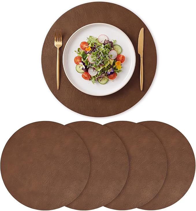 Artoid Mode Brown Faux Leather Placemats Set of 4, 15 Inch Waterproof Wipeable Heat Resistant Vinyl Place Mats, Reversible Table Mats for Kitchen Dining Decor