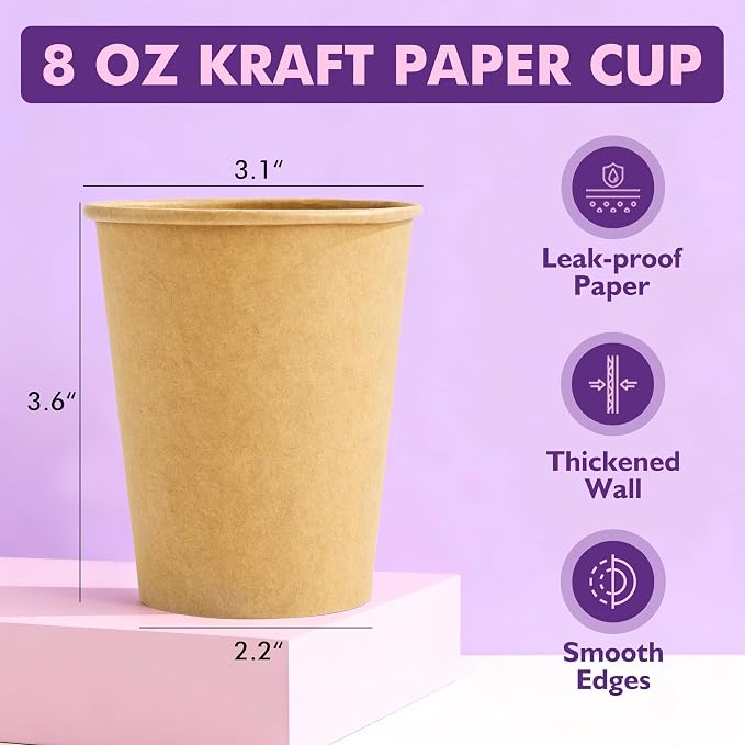 8 oz 500 pack Coffee Cups, Disposable Paper Cups, Sturdy Kraft Leak-Proof - Image 2
