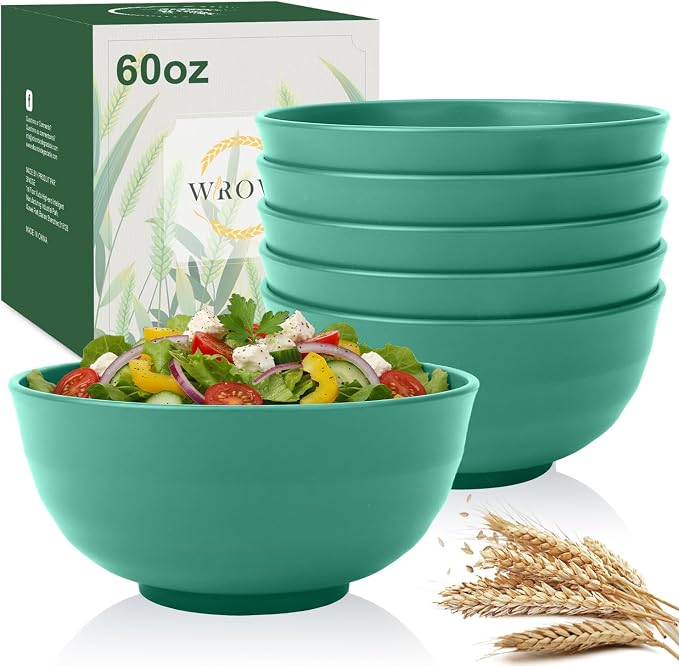 Wheat Straw Bowls 60oz, Unbreakable Large Cereal Bowls Set of 6, Plastic Bowls by WROVA