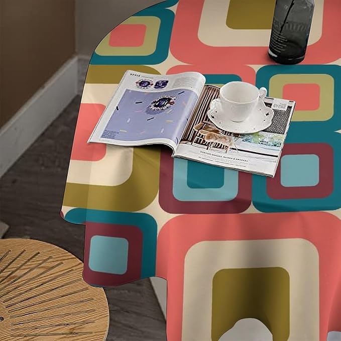 Abstract Geometric Round Tablecloth, Mid Century Modern Middle Century Abstract Patterns Print Tablecloth for Home Party Dining Room Kitchen Decor 70Inch(178cm)