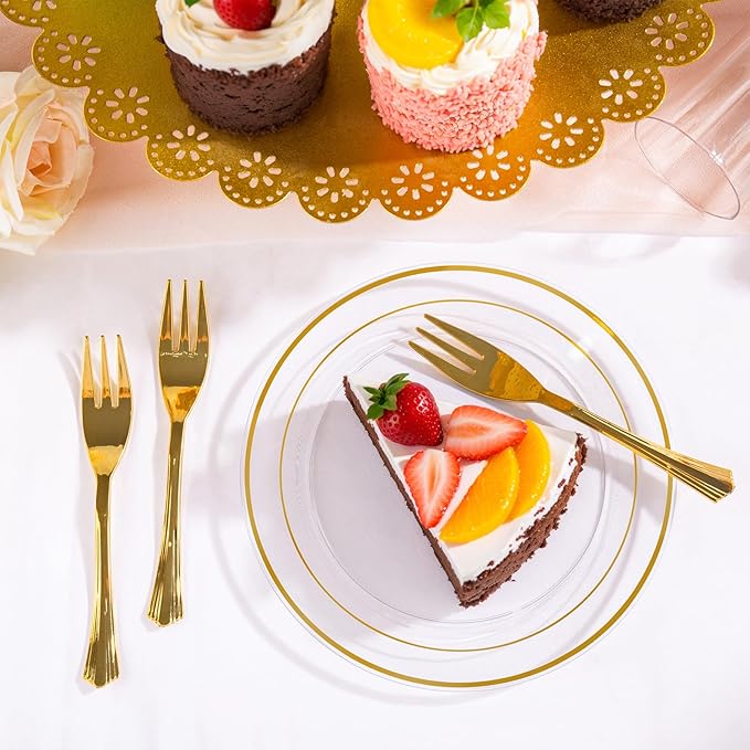 DaYammi 240Pcs Dessert Plates Include 120Pcs Gold Cake Plates 6.3inch with 120Pcs Gold Plastic Forks 5.7inch,Clear gold plates Disposable Salad Plate for Party Appetizer Plate for Wedding Birthday