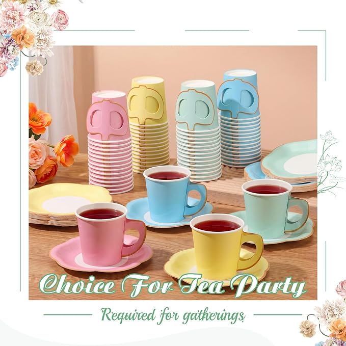 Umigy 36 Sets Pastel Tea Party Decorations 6.5 oz Paper Teacups & Saucer Set - Image 4