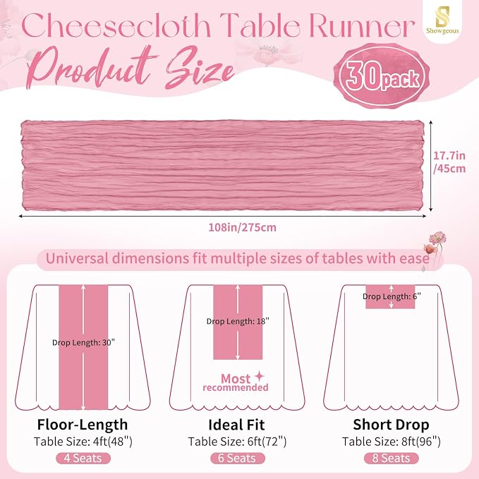 Showgeous 30 Pack Dusty Rose Cheesecloth Table Runner, 17 x 108 Inches | Boho - Image 2