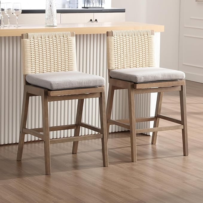 Mid Century Modern Counter Height Barstools Set of 4, 27” Linen Upholstered Counter Stools with Rope Woven Back Wooden Farmhouse Bar Stools for Kitchen Island Dining Room,Grey