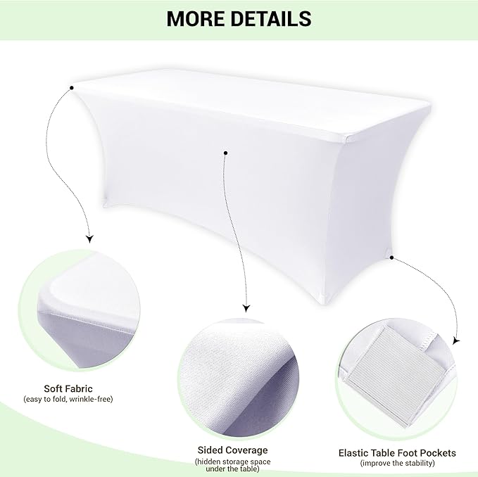 Obstal 10-Pack Stretchy Spandex Tablecloth for 6 Foot Rectangular Table - Universal Fitted Table Covers, Ideal for Weddings, Banquets & Events (White, 72" L x 30" W x 30" H)
