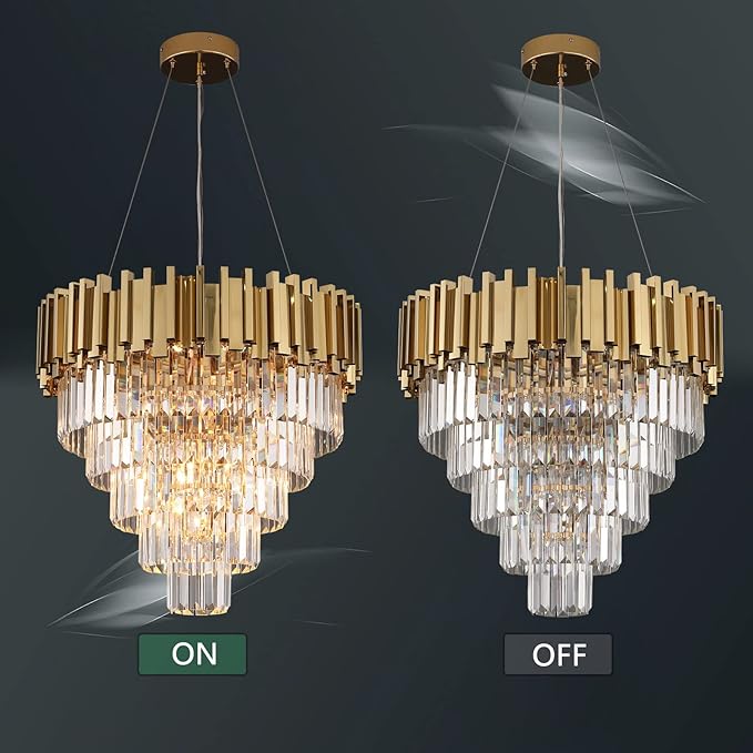 Modern Crystal Chandelier Gold Round Chandeliers Light Fixture for Dining Room Raindrop Pendant Ceiling Lighting Foyer Hallway Entryway Chandelier 5-Tier 10 Lights W23.6