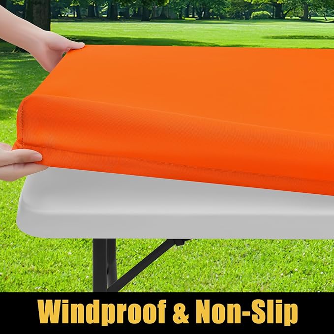 Smiry Rectangle Picnic Table Cloth, Waterproof Elastic Fitted Tablecloths for 4 Foot Tables, Washable Polyester Table Cover for Camping, Indoor and Outdoor (Orange, 24"x48")
