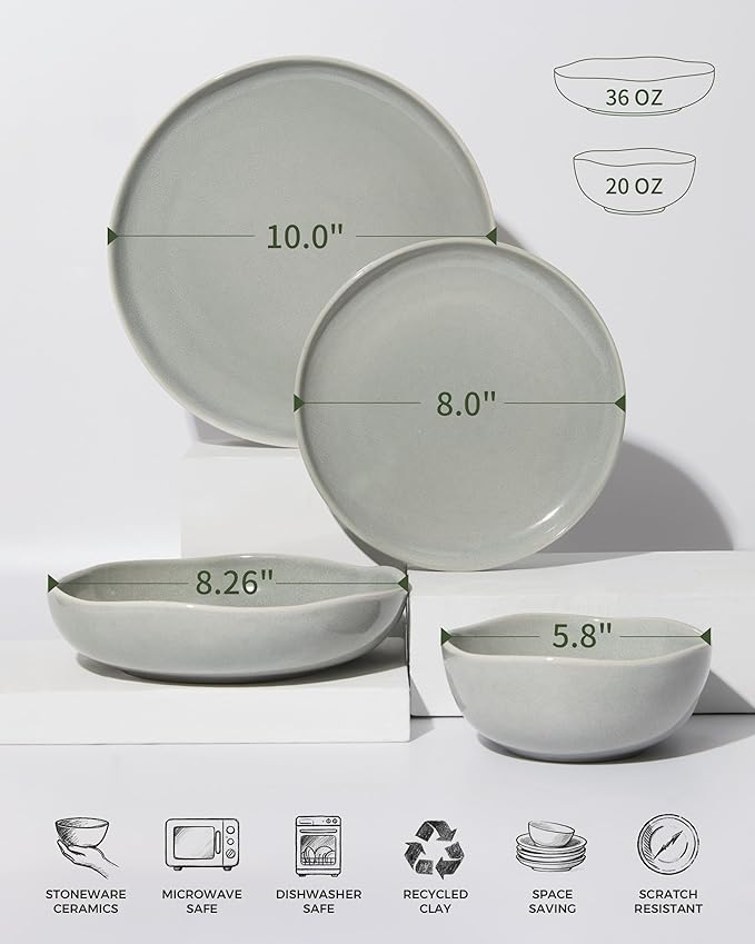 32 Piece Dinnerware Set for 8 with Pasta Bowls, Gray Green Reactive Glaze Stoneware | All‑in‑One Host Set for Entertaining, Holiday Meals, Multi‑Course Dish Set | Unique Irregular Look