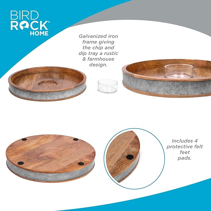 BIRDROCK HOME Wooden & Iron Chip Dip Serving Tray w/Glass Dip Bowl | Extra Large Decorative Kitchen Platter | Salsa, Guacamole, Veggies, Cheese | Decor for Coffee Table, Dining & Living Room - Round