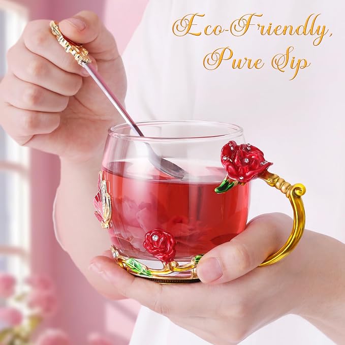 Women Glass Tea Coffee Pretty Cup Set Cute Mug Wife Birthday Wedding - Image 2