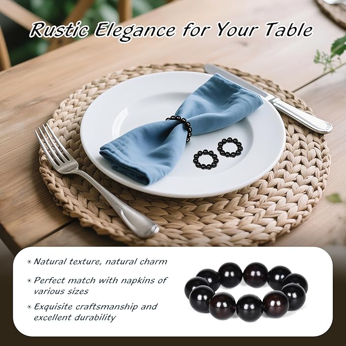 Napkin Rings Set of 6，Farmhouse Stretchable Wooden Bead Reusable Cloth Napkin Holders for Wedding, Christmas, Graduation & Dinner Parties Black Napkin Ring (6)
