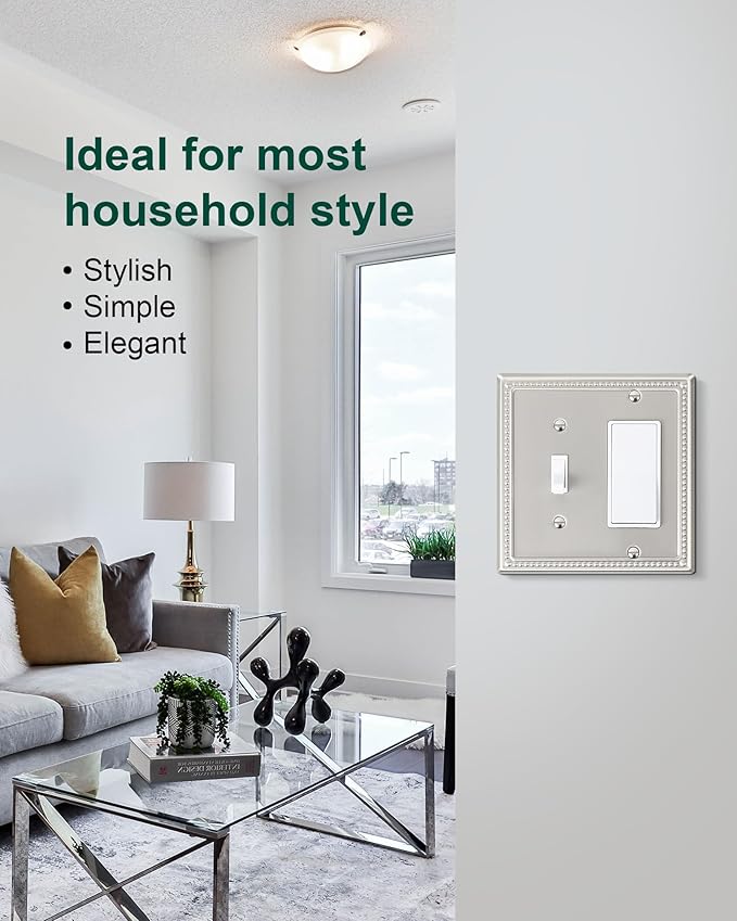 2-Pack Combo Toggle/Decorator Light Switch Cover Plate, Pearls Decorative Metal Wall Switch Plates and Outlet Covers, Brushed Nickel