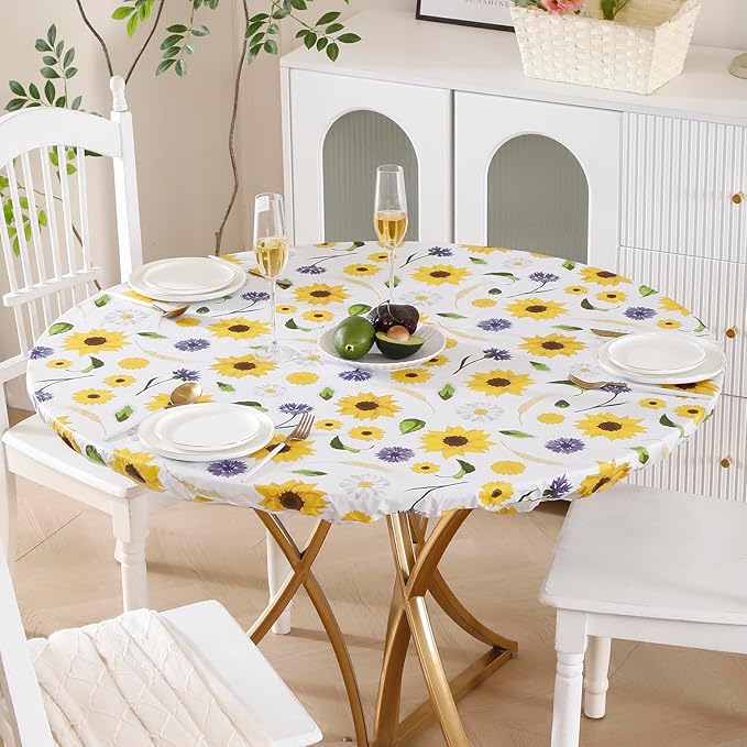 Walrus Round Vinyl Fitted Tablecloth with Flannel Backing Elastic Edge Design Table Cover Waterproof Oil-Proof PVC Table Cloth Stain-Resistant Best for 45"-56" Round