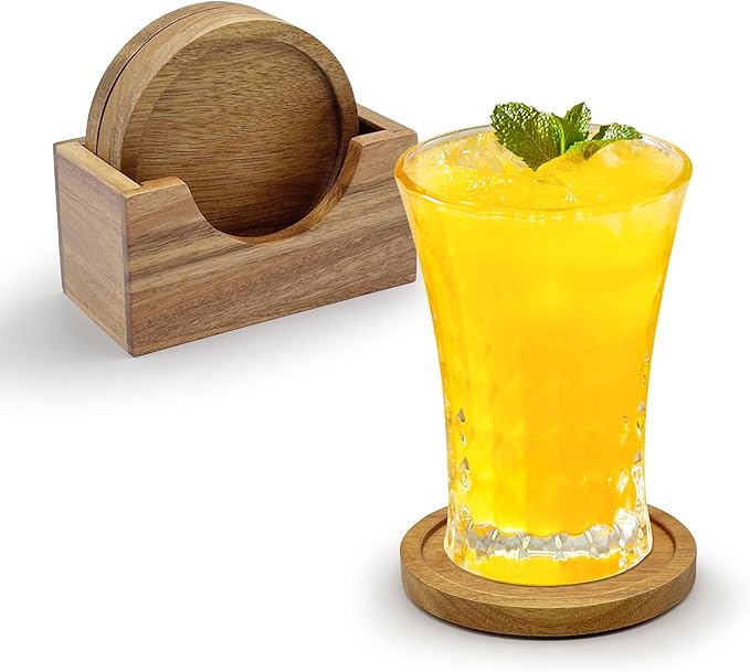 Acacia Wood Coaster Set of 4 with Holder, Non-Slip Heat-Resistant Wooden Coasters, Modern Decorative Coasters for Coffee Table, Dining Table & Kitchen Accessories