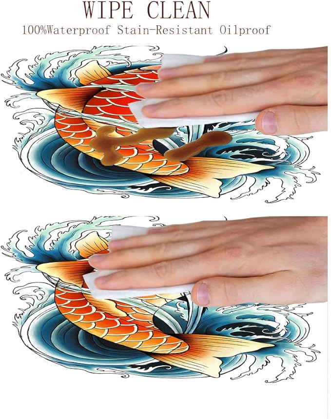 Round Tablecloth, Koi Fish Tablecloth for Side Table, Tattoo Style Japanese Wave, Fit Round Tables 32inch Diameter, Buffet Table/Parties/Holiday Dinner, Multicolor