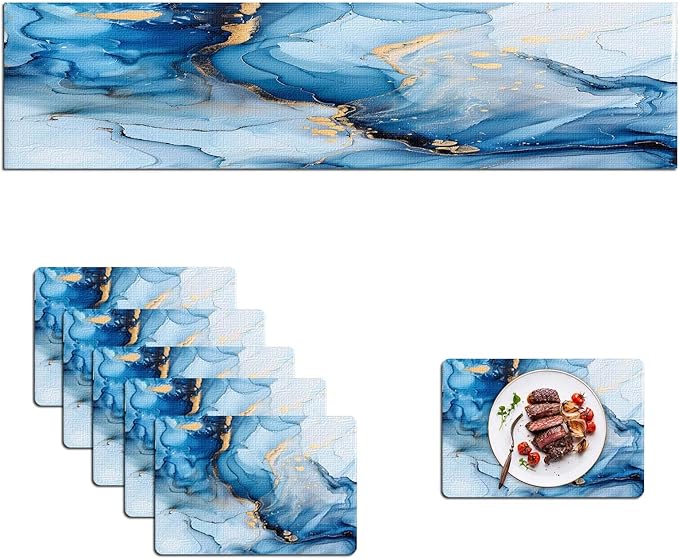 Mcalk Blue Marble Table Runner and Placemats Set of 6, Marble Print Placemats, Modern Cloth Place Mats Indoor for Kitchen,Washable Linen Material for Dining Table