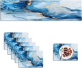 Mcalk Blue Marble Table Runner and Placemats Set of 6, Marble Print Placemats, Modern Cloth Place Mats Indoor for Kitchen,Washable Linen Material for Dining Table
