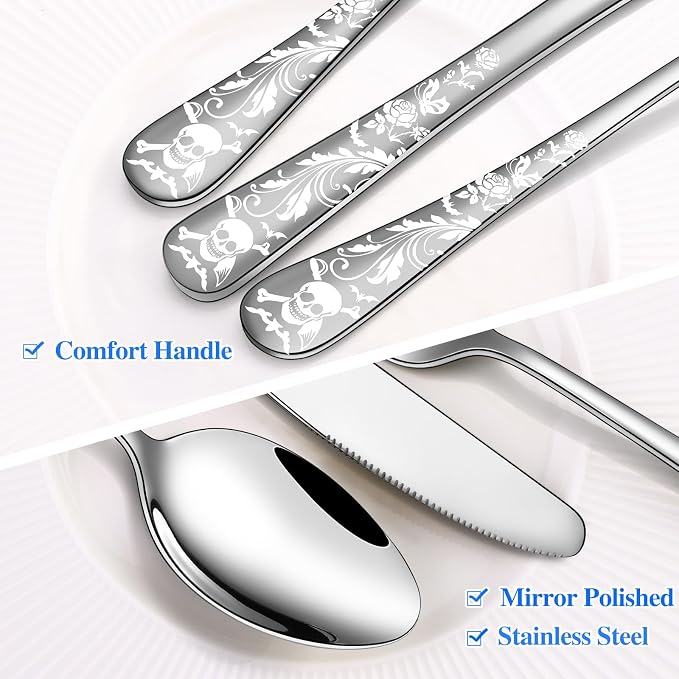 Skull Pattern Silverware Set for 8, OIULO 40-Piece Pirate Pirate Rose Flatware - Image 4
