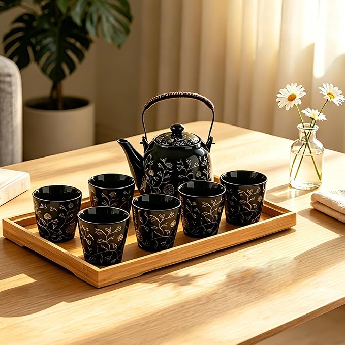 KEYDUACU Japanese Tea Set, Ceramic Tea Set, Plum Blossom Embossed, 6 Teacups - Image 2
