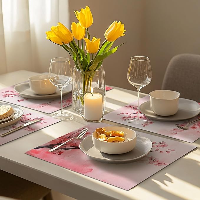 Japanese Cherry Blossom Placemats Set of 6, Pink Sakura Floral Place Mats, Flower Waterproof Washable Table Mats for Home Party Indoor Kitchen Dining Table Decoration 12x18 Inch