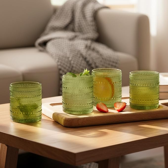 Moretoes 10oz Green Hobnail Drinking Glasses Set of 6 Cocktail Glasses | - Image 5