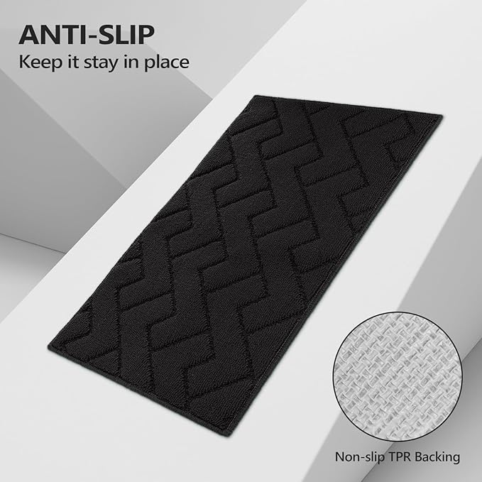 hicorfe Kitchen Rugs and Mats Sets,Non-Slip 2 Pieces Absorbent 100% Polypropylene Rug,Comfort Kitchen Runner Mat,Washable for Kitchen,Sink,Laundry(20" x 48" Plus 20" x 59",Black)