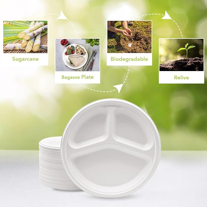 three leaf 9" 3 COMPARTMENT BAGASSE ROUND PLATE, 9,000 Ct. (18 cases x 500 plates) Heavy-Duty- Super Strong- Natural- Eco-Friendly Disposable Bagasse Plates.