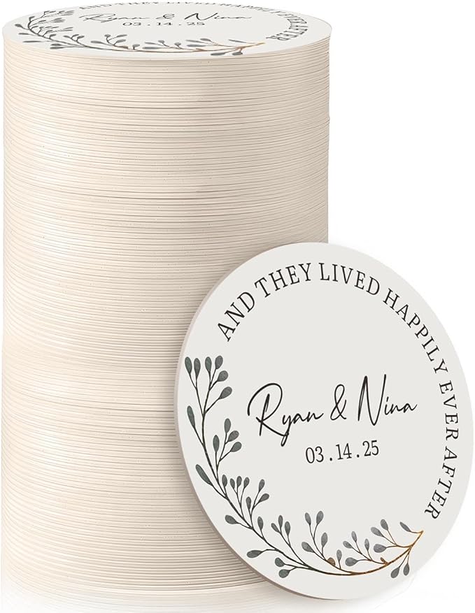 100 Pack Personalized Wedding Coasters, Custom Cardboard Coasters for Drinks with Photo Print and Text, Keepsake Wedding Favors and Gifts for Couples, 3.95" Round (Design 2)