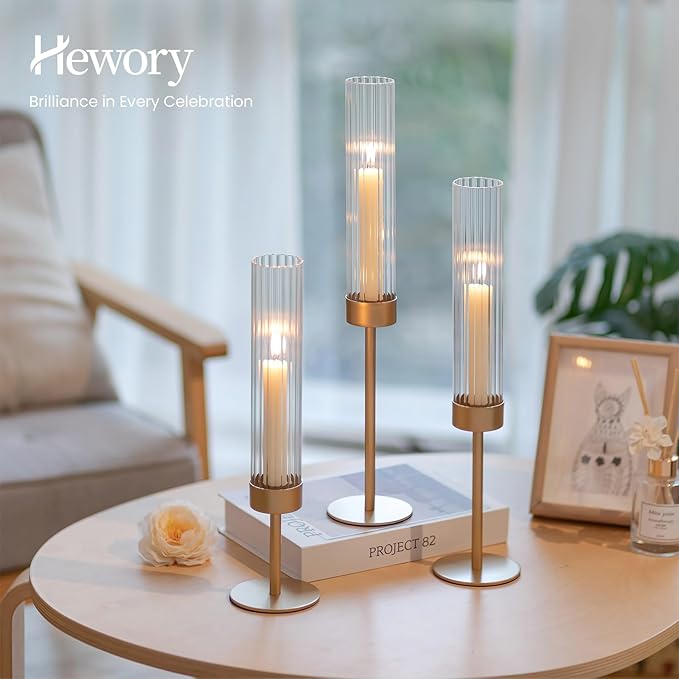 Hewory Gold Hurricane Candle Holders: Brass Candlestick Holders Set of 3 Tall Taper Candle Holders for Candlesticks Candle Sticks Holder Decor for Table Centerpiece Wedding Party Christmas Decorations